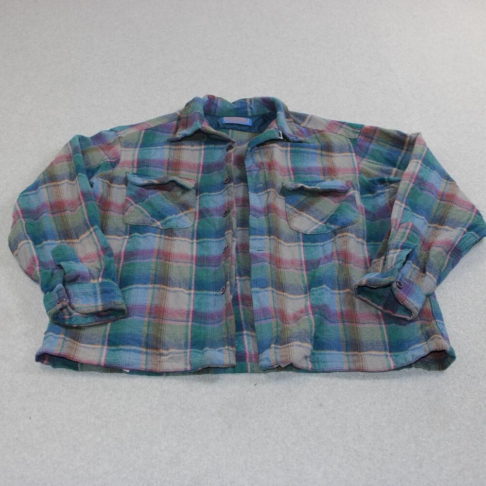 Vintage Pendleton Wool Shirt Men XL Green Plaid Loop Collar Flannel Hole 60s USA